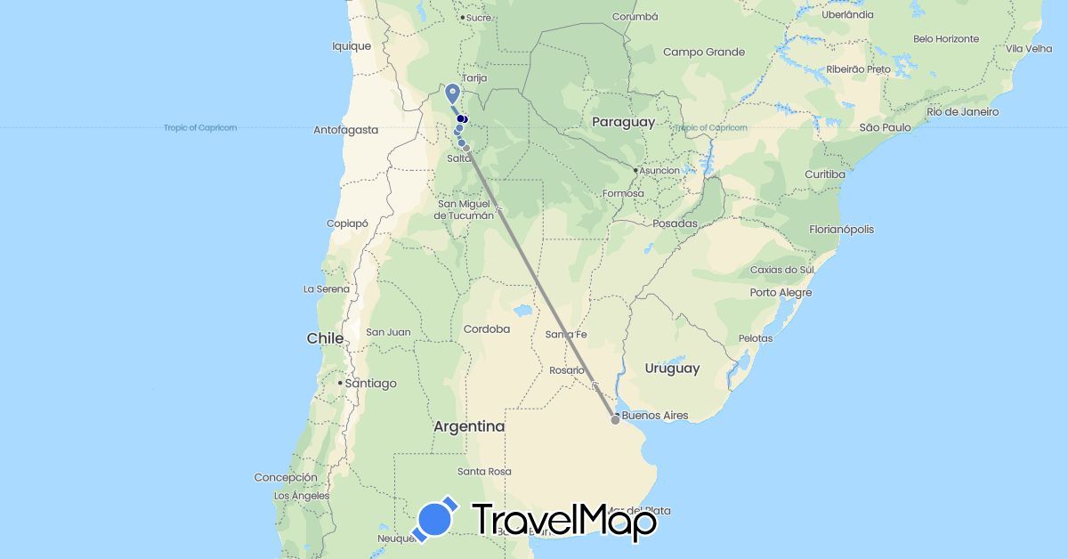 TravelMap itinerary: driving, plane, cycling in Argentina (South America)
